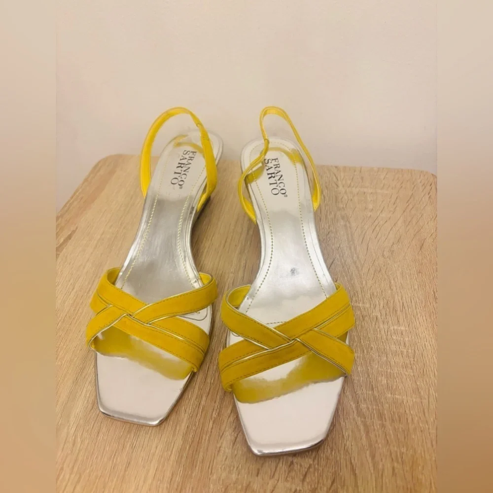 Franco Sarto Yellow and Silver Wedge Shoes with Geometric Straps Size 10